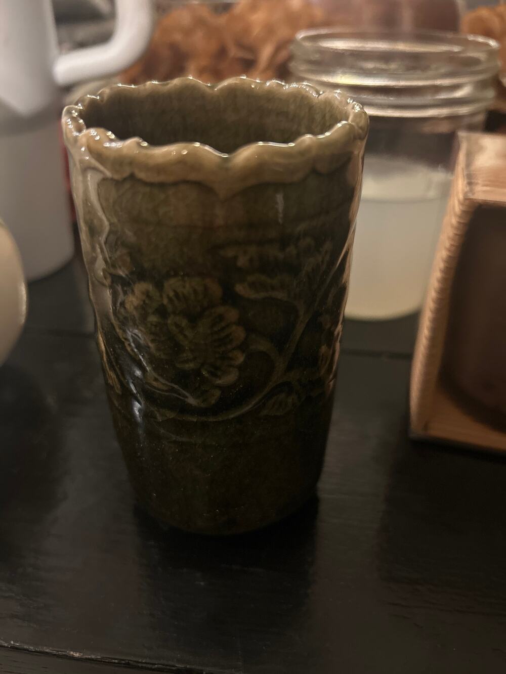 Vintage Mengrai Kilns Celadon Cup Vase, Hand-Carved Green crackle glaze studio